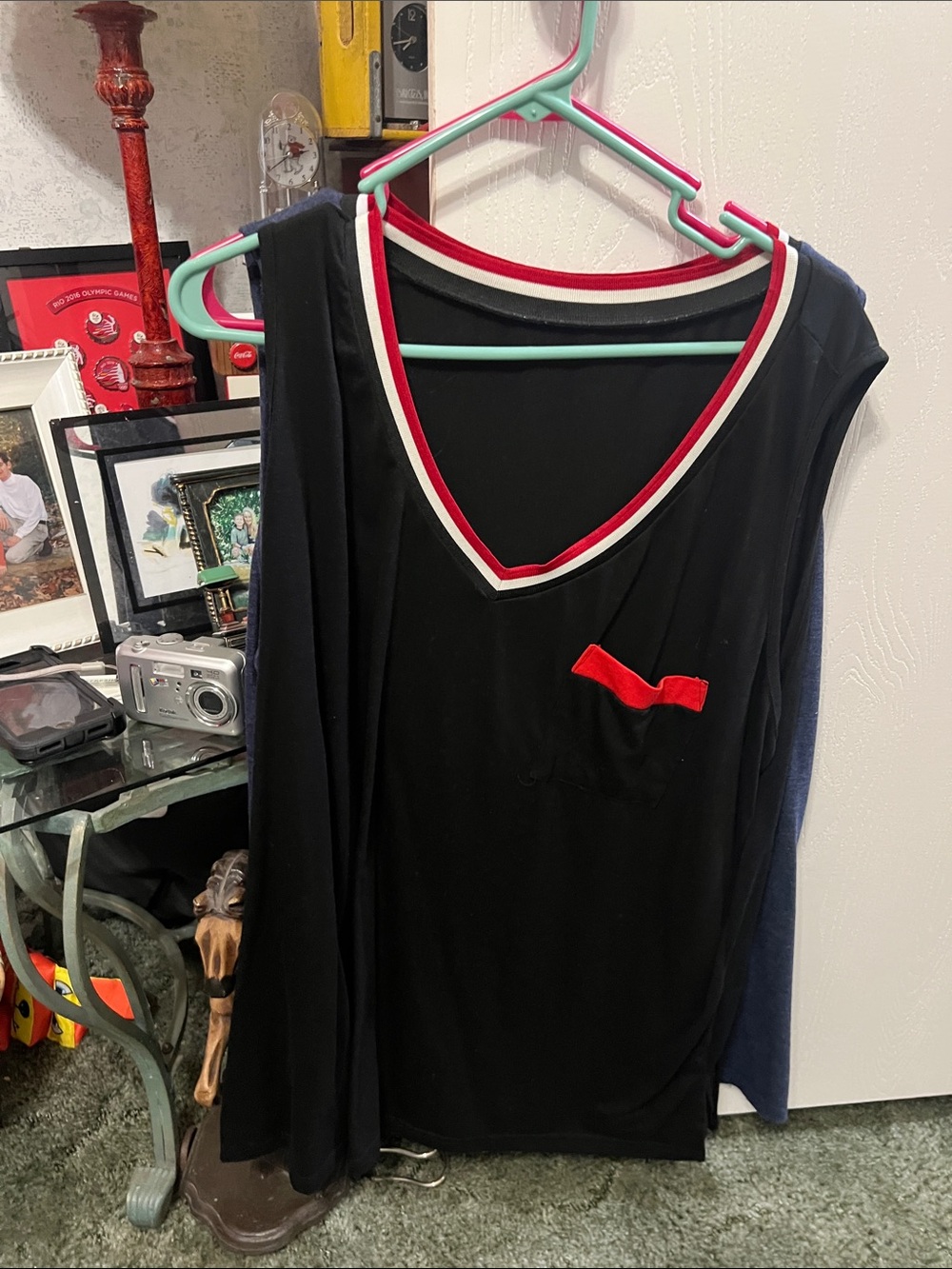 Amazon Black Tunic Top with Red and White Trim